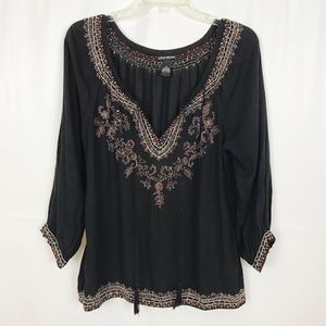 LUCKY BRAND Black Embroidered Peasant Top-Size Med